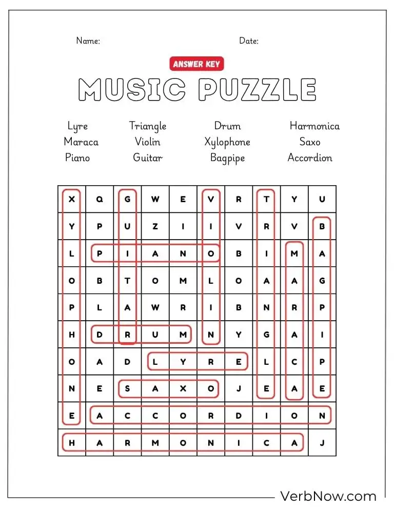 10+ Free Music Puzzles For Fun (100% Printable PDF) Music Instruments Word Search Puzzle Answer Key