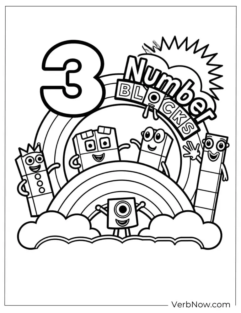 22 Free Numberblocks Coloring Pages (100% Printable PDF) Numberblocks 3 Coloring Page with Rainbow