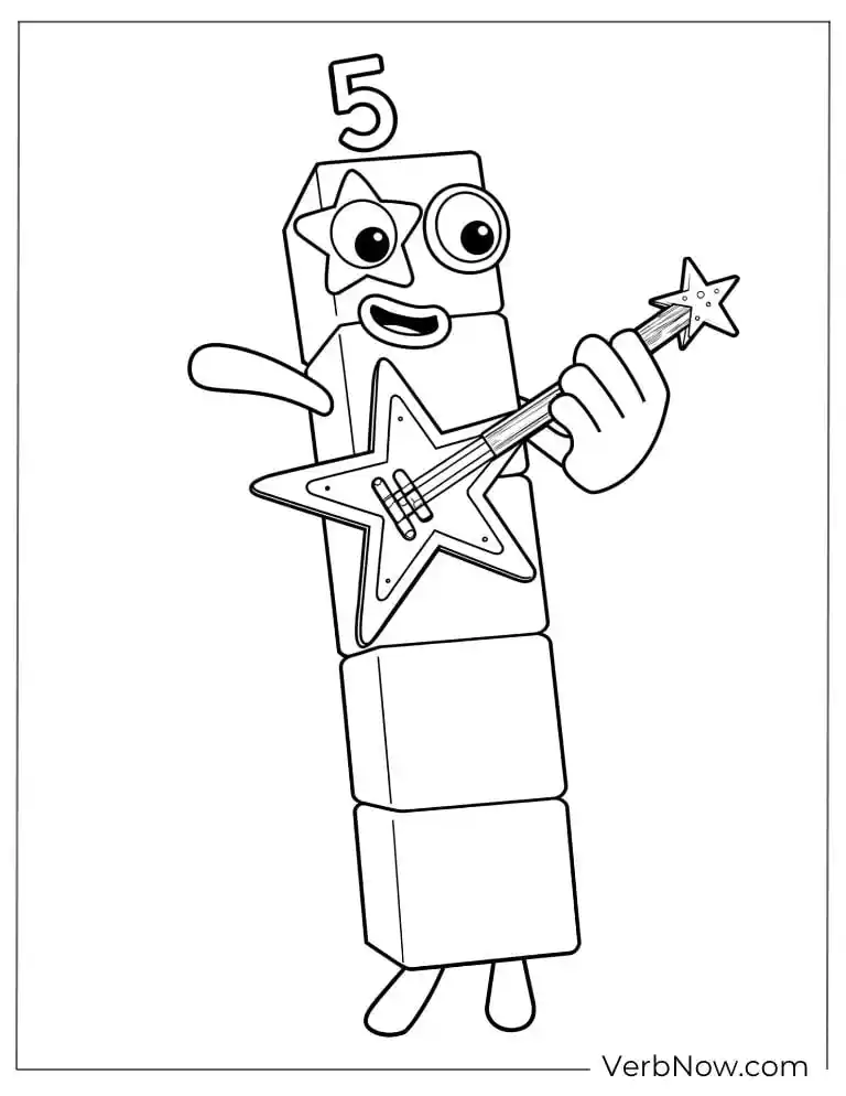 22 Free Numberblocks Coloring Pages (100% Printable PDF) Numberblocks 5 Playing Guitar Coloring Page