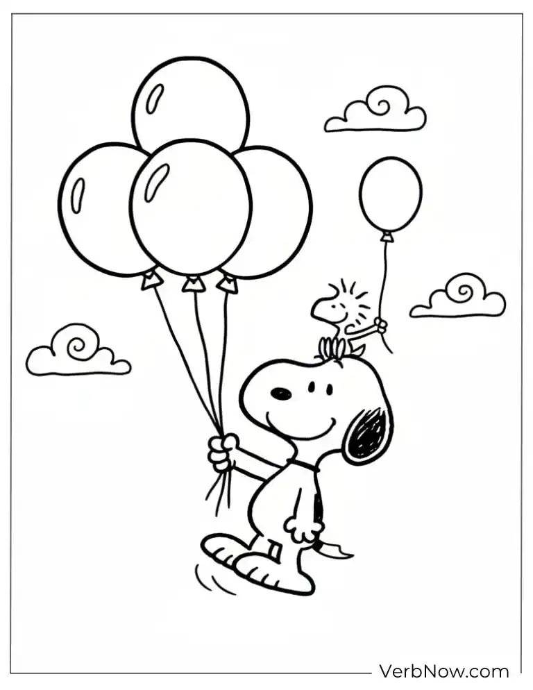 22 Free Peanuts Coloring Pages for Kids (Printable PDF) Snoopy and Woodstock Flying with Balloons Coloring Page