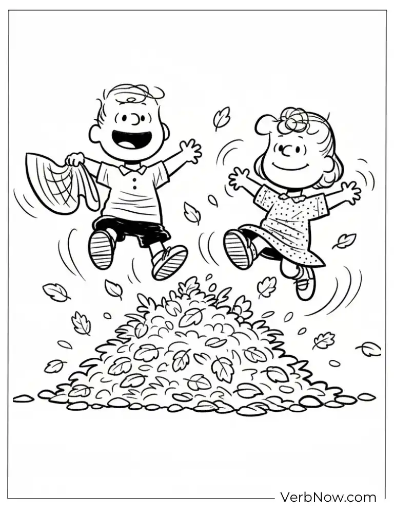 22 Free Peanuts Coloring Pages for Kids (Printable PDF) Peanuts Kids Jumping in Autumn Leaves Coloring Page