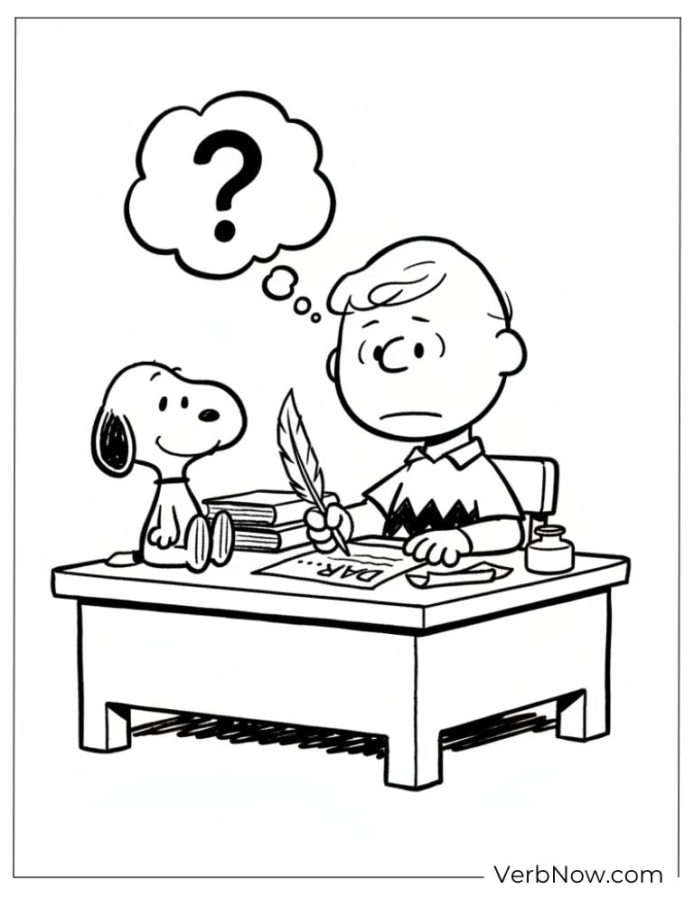 22 Free Peanuts Coloring Pages for Kids (Printable PDF) Charlie Brown writing coloring page with Snoopy