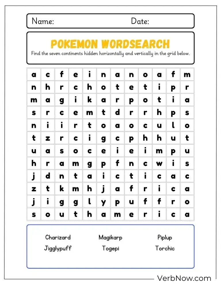 10+ Free Pokemon Puzzles For Fun (100% Printable PDF) Pokemon Wordsearch Puzzle: Find 7 Continents Activity