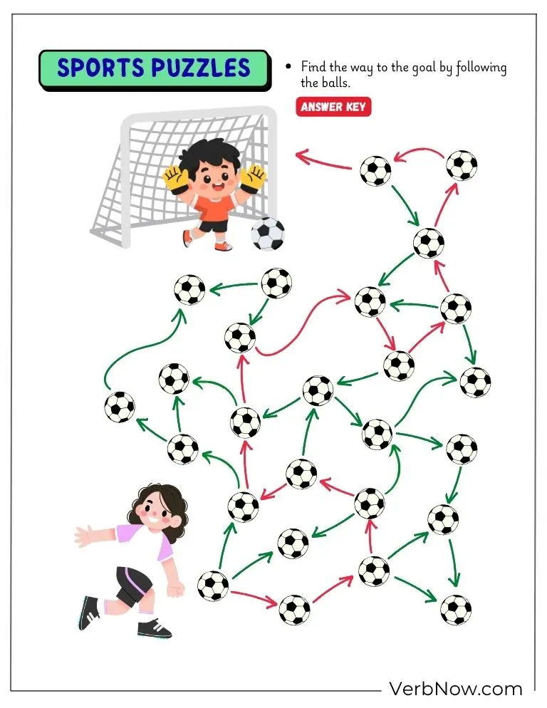 10+ Free Sports Puzzles For Kids (100% Printable PDF) Soccer Ball Maze Puzzle: Find the Goal Path Activity