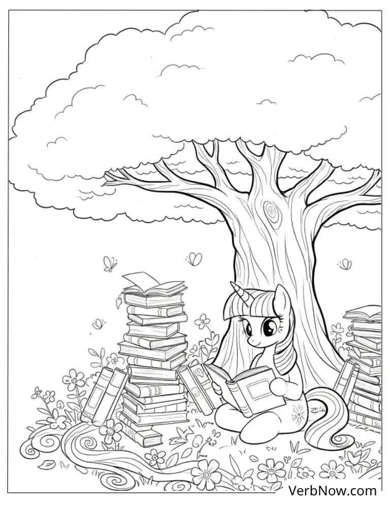 22 Twilight Sparkle Coloring Pages For Fun (Printable PDF) Twilight Sparkle Reading Books Under Tree Coloring Page