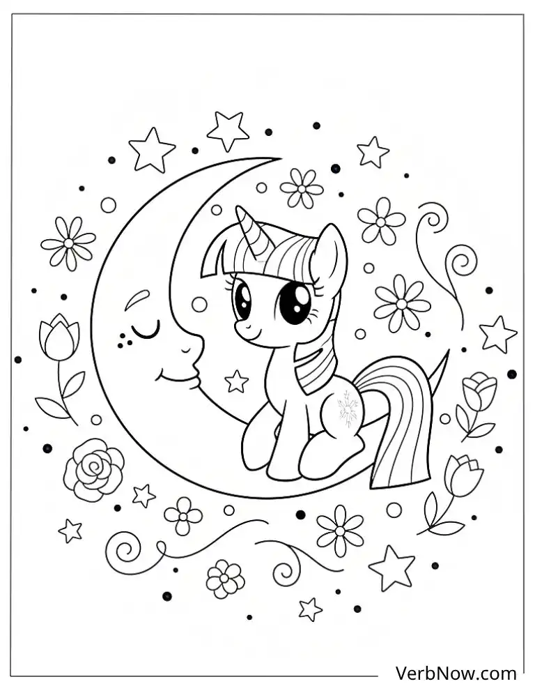 22 Twilight Sparkle Coloring Pages For Fun (Printable PDF) Cute Unicorn Sitting on the Moon Coloring Page
