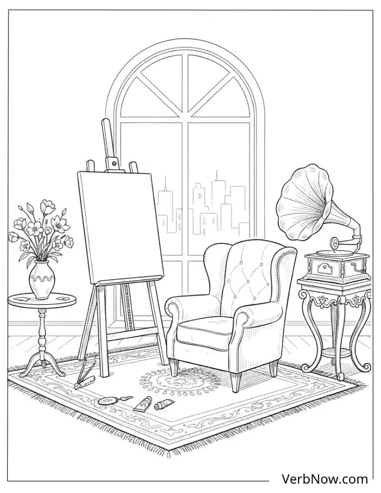 22 Free Vintage Coloring Pages For Kids (100% Printable PDF) Artist Studio Coloring Page: Easel, Chair, Gramophone