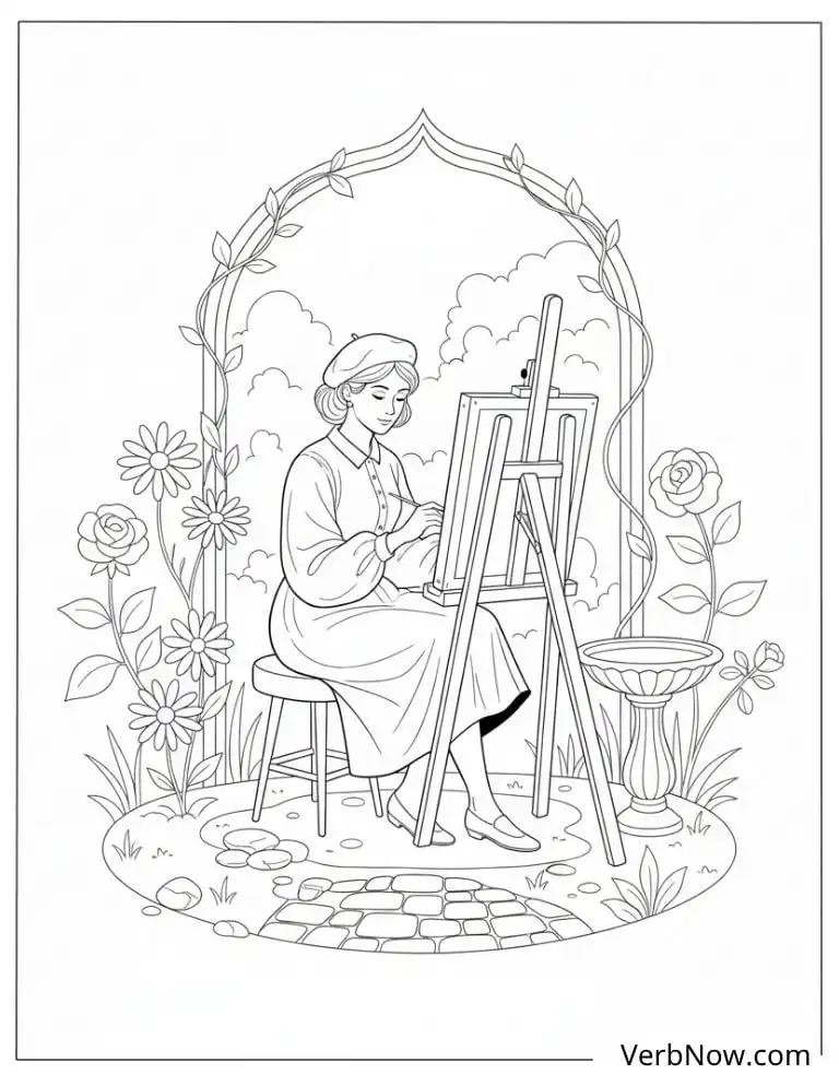 22 Free Vintage Coloring Pages For Kids (100% Printable PDF) Artist Painting in Garden Coloring Page