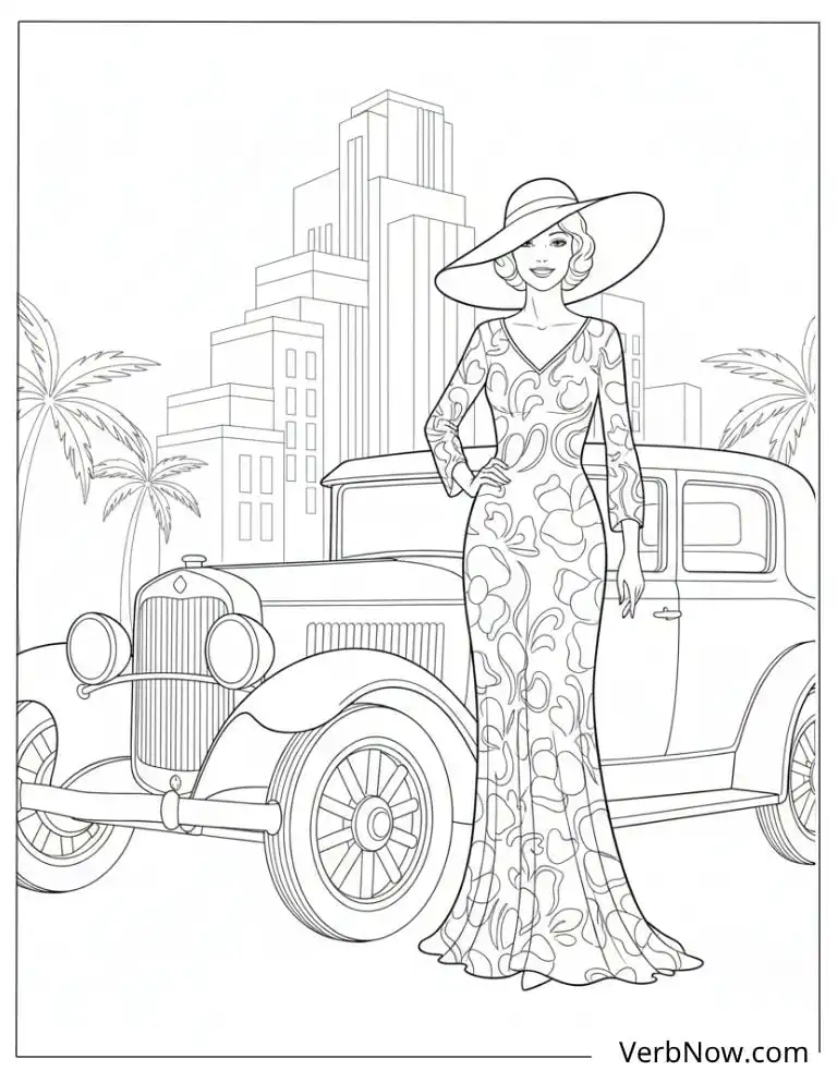 22 Free Vintage Coloring Pages For Kids (100% Printable PDF) Glamorous Lady by Vintage Car Coloring Page
