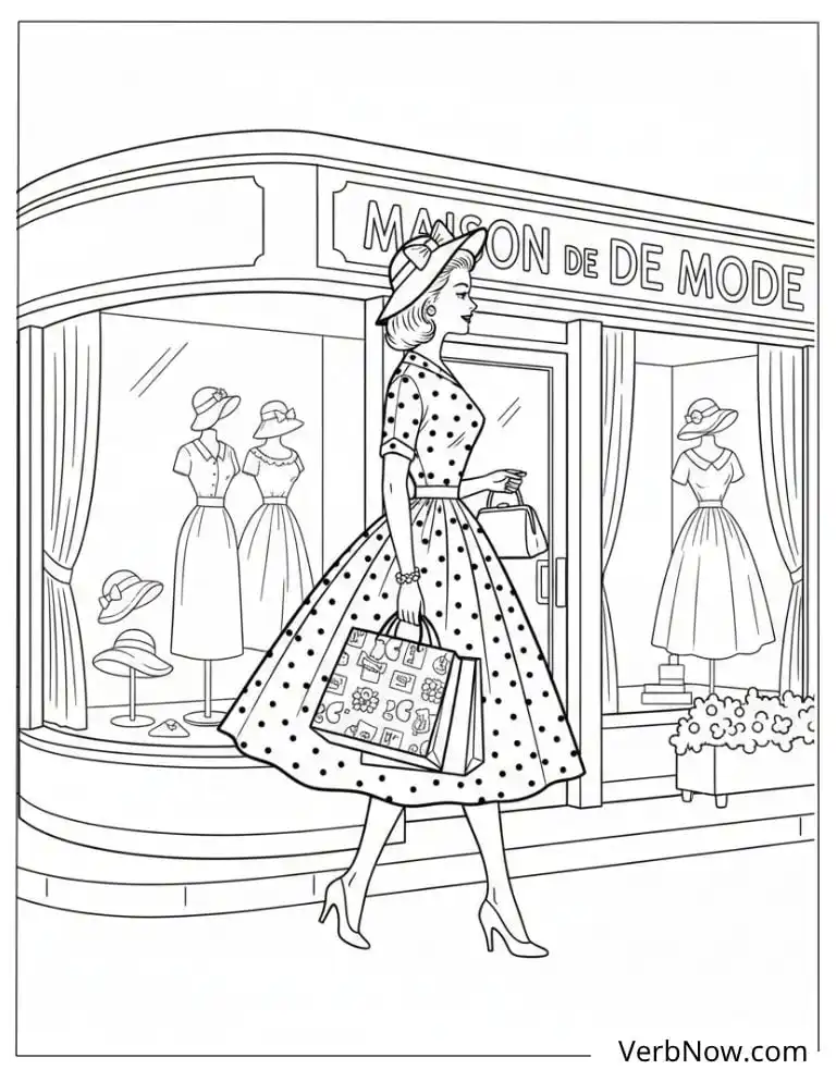 22 Free Vintage Coloring Pages For Kids (100% Printable PDF) Retro Fashion Woman Shopping Coloring Page
