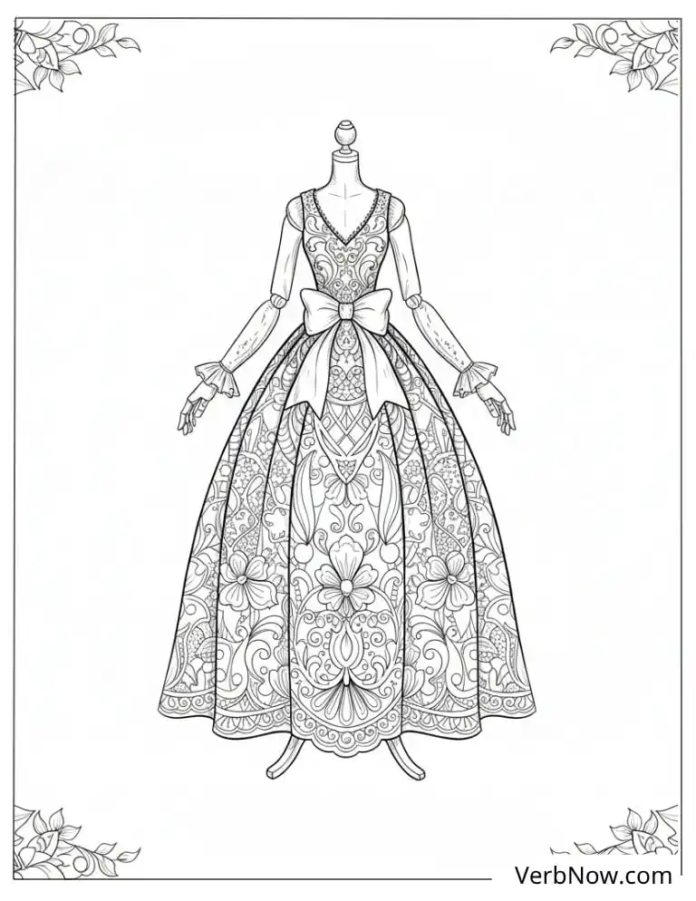22 Free Vintage Coloring Pages For Kids (100% Printable PDF) Ornate Ball Gown on Mannequin Coloring Page