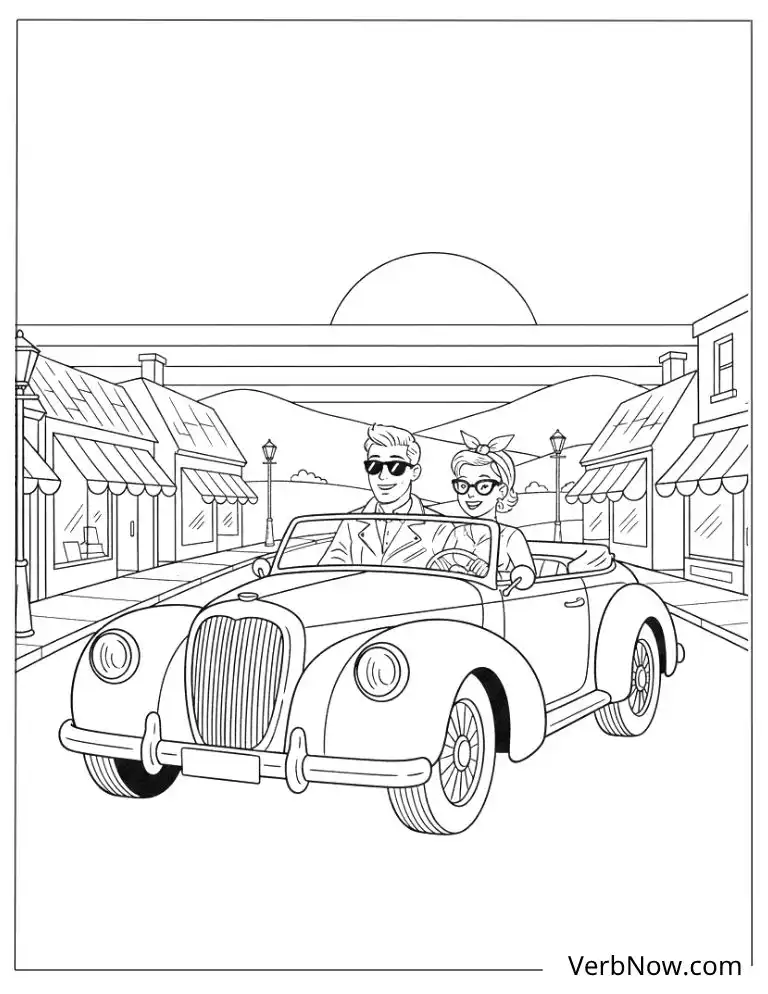 22 Free Vintage Coloring Pages For Kids (100% Printable PDF) Vintage Couple Driving Classic Convertible Coloring Page