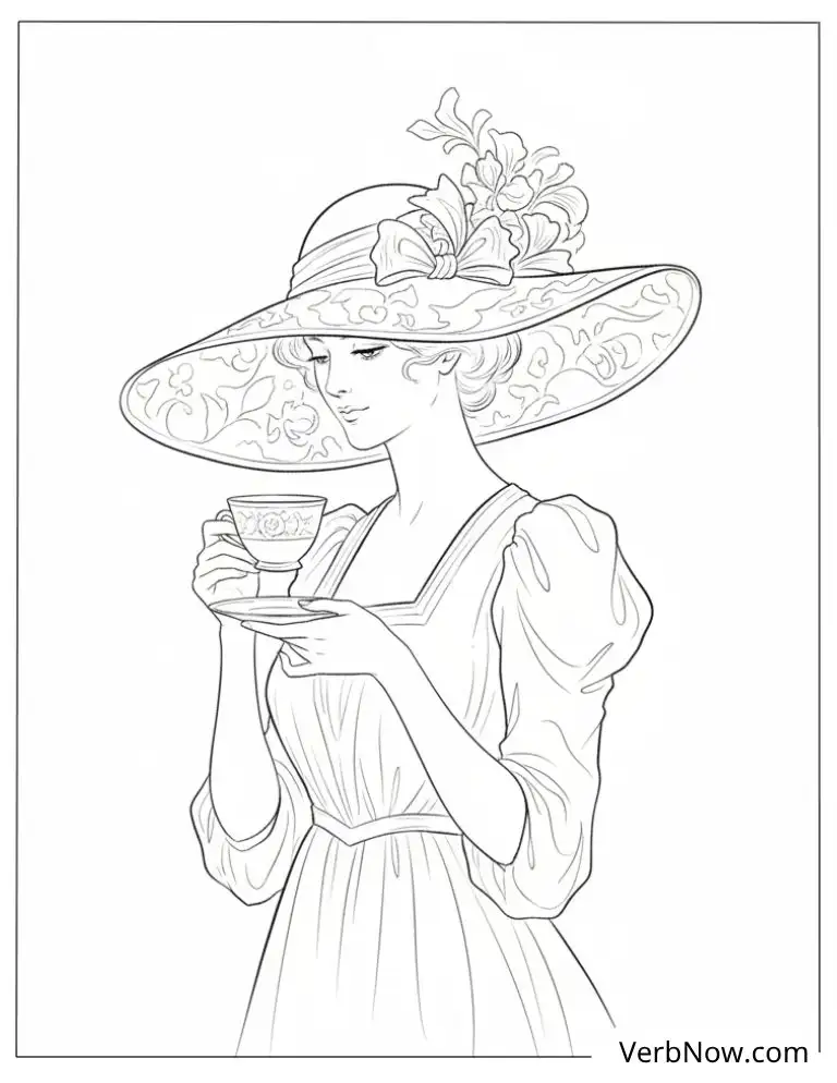 22 Free Vintage Coloring Pages For Kids (100% Printable PDF) Coloring Page of Victorian Lady with Teacup