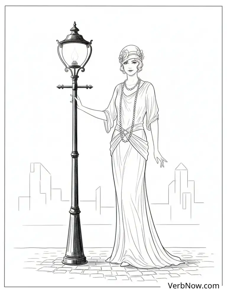 22 Free Vintage Coloring Pages For Kids (100% Printable PDF) 1920s Flapper Woman Lamppost Coloring Page