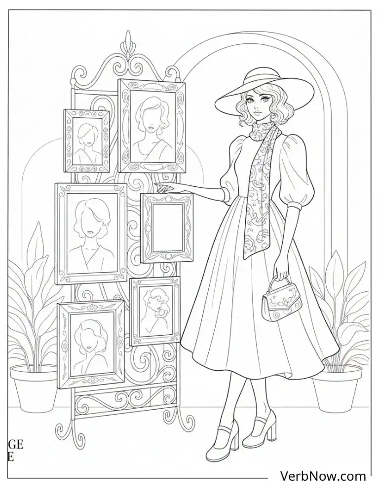 22 Free Vintage Coloring Pages For Kids (100% Printable PDF) Elegant Woman at Art Gallery Coloring Page