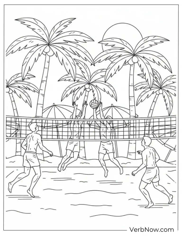 22 Free Volleyball Coloring Pages (100% Printable PDF) Beach Volleyball Coloring Page with Palm Trees