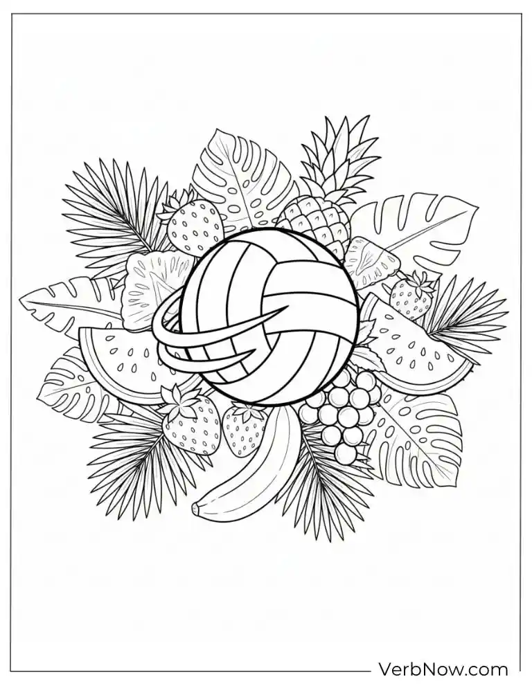 22 Free Volleyball Coloring Pages (100% Printable PDF) Tropical Volleyball and Fruits Coloring Page