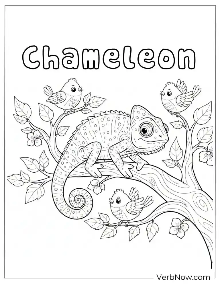 Chameleon Coloring Page with Birds