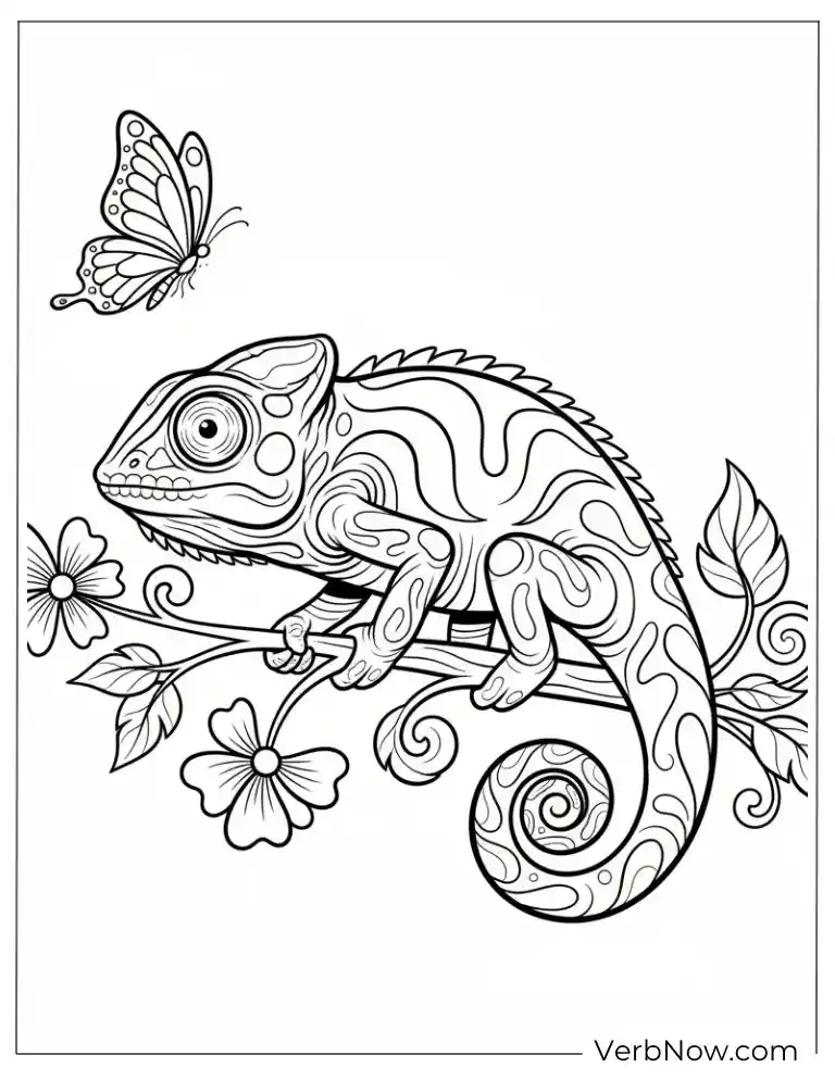 Detailed Chameleon and Butterfly Coloring Page