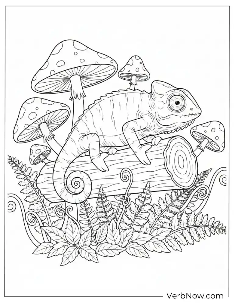 Chameleon on Log with Mushrooms Coloring Page