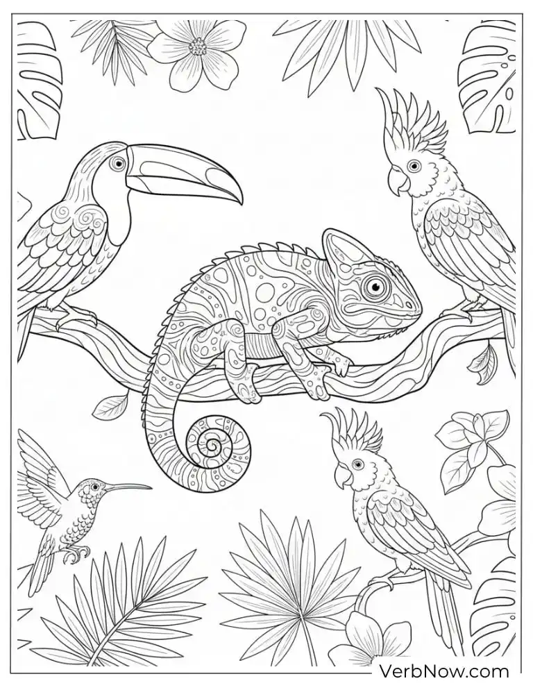Tropical Animals Chameleon Toucan Coloring Page