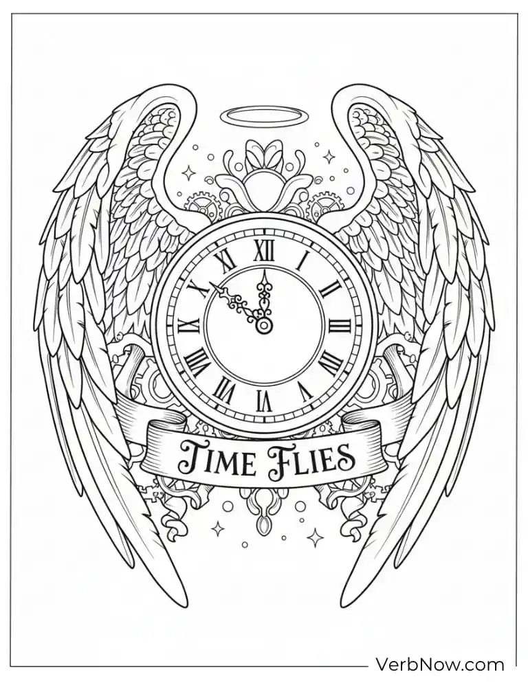 Time Flies Clock with Angel Wings Coloring Page