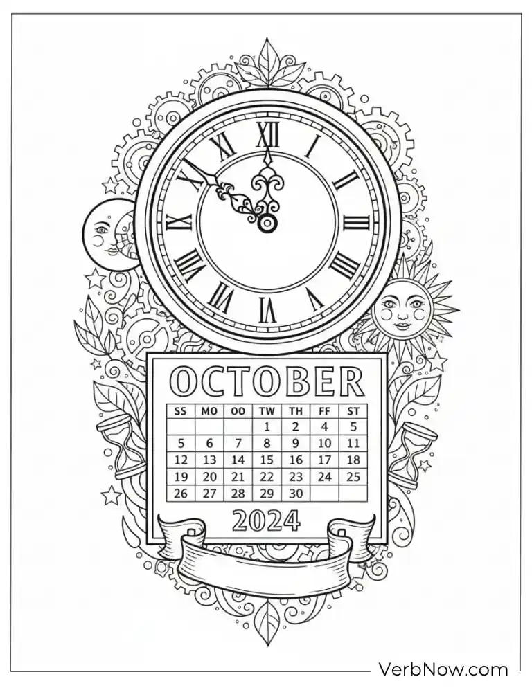 October 2024 Calendar Clock Steampunk Coloring Page