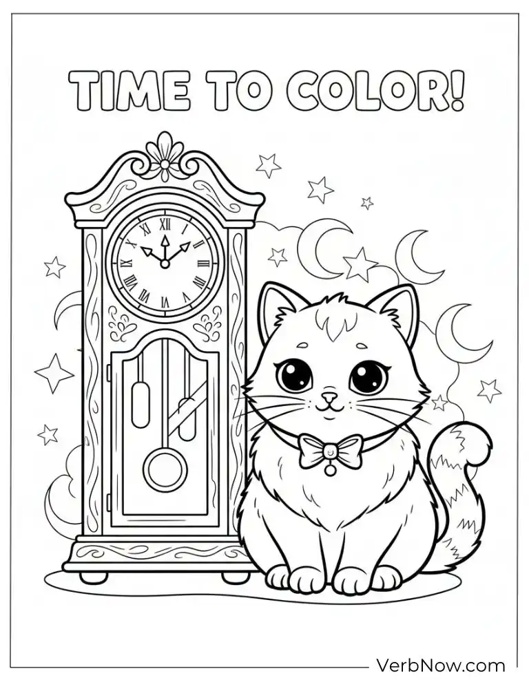 Cute Cat with Clock Coloring Page