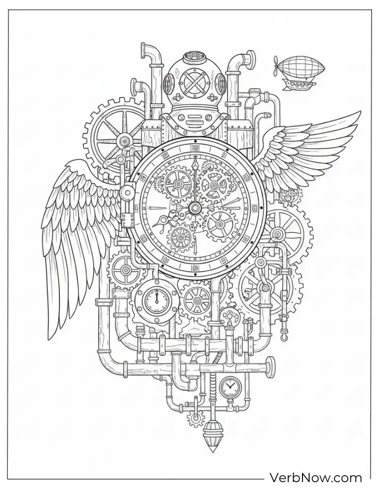 Steampunk Clock & Gear Mechanism Coloring Page