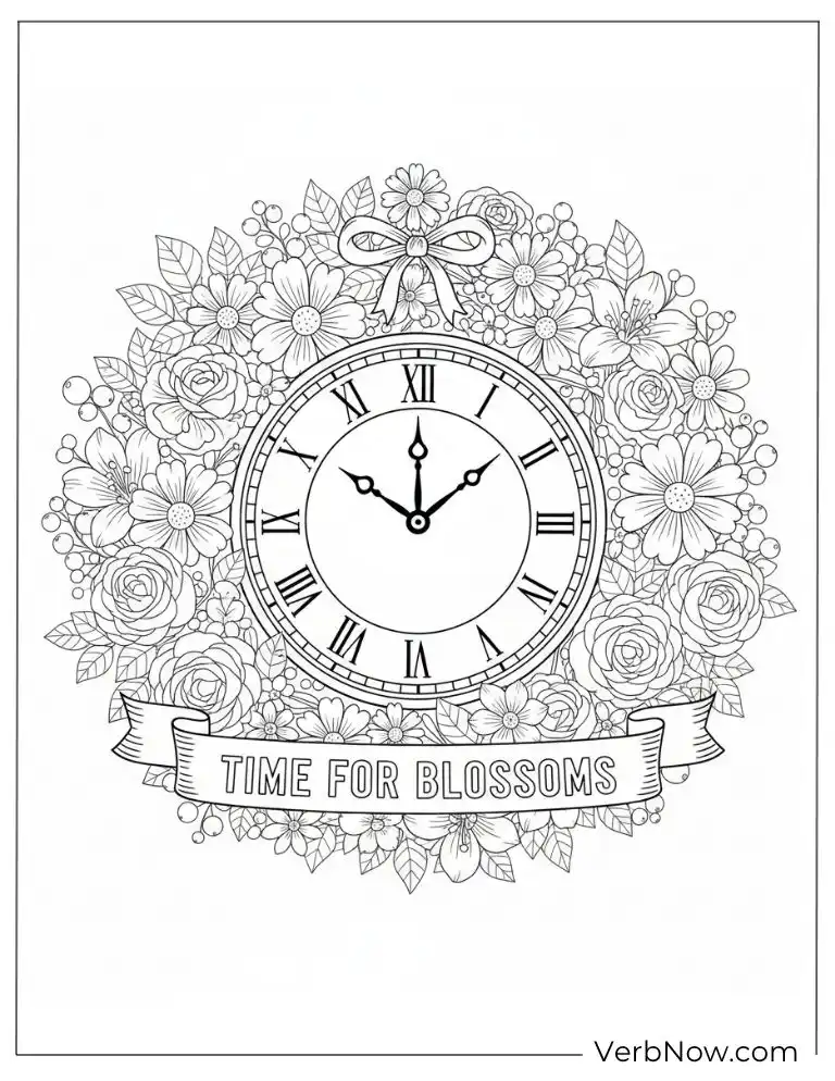 Time for Blossoms Floral Clock Coloring Page
