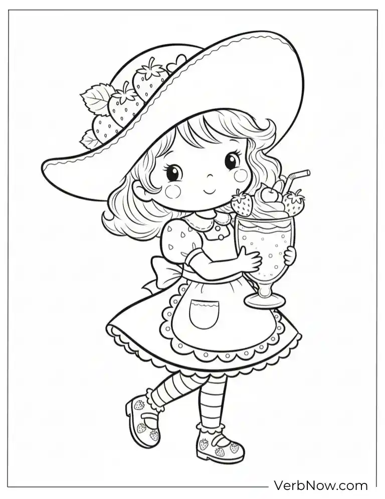 Cute Strawberry Girl with Milkshake Coloring Page