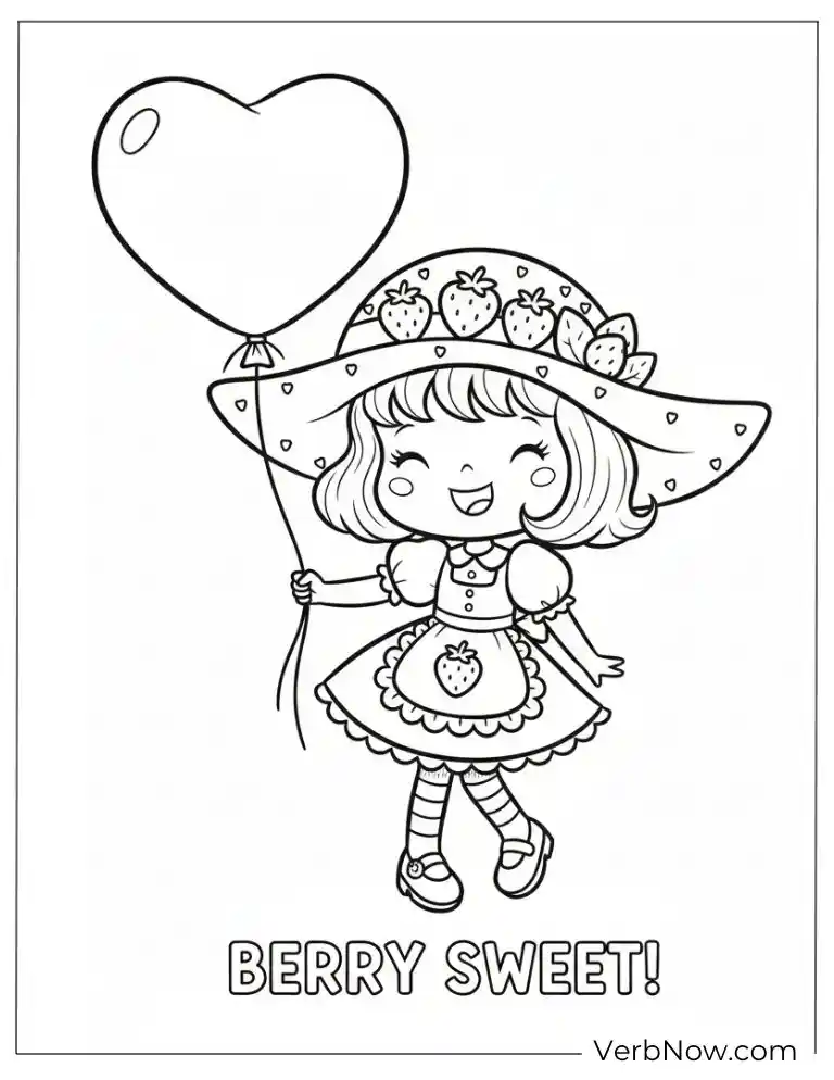 Cute Strawberry Girl with Heart Balloon Coloring Page