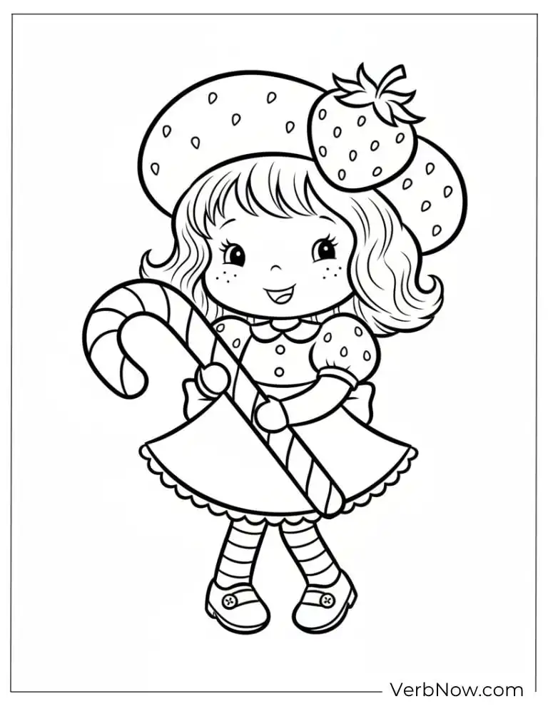 Strawberry Doll Coloring Page with Candy Cane