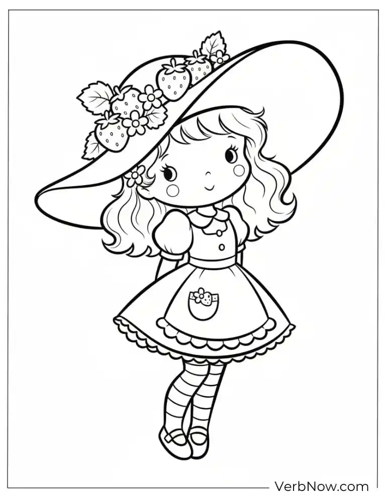 Cute Girl in Strawberry Hat Coloring Page