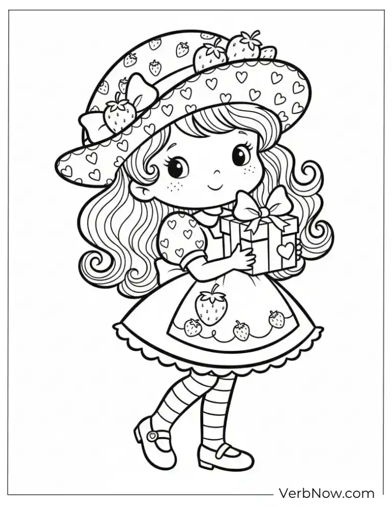 Cute Strawberry Girl Coloring Page with Gift