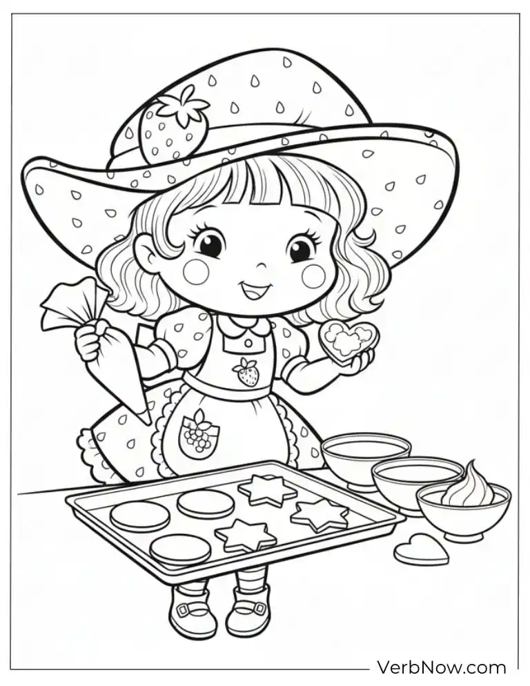 Strawberry Girl Baking Cookies Coloring Page
