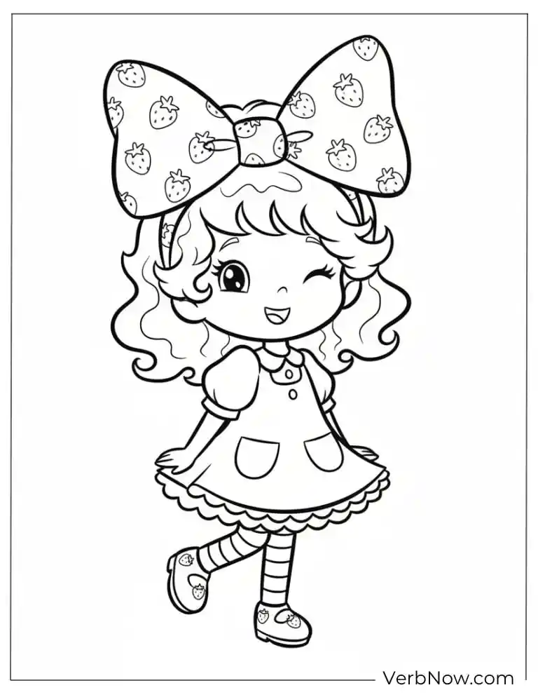 Cute Girl with Strawberry Bow Coloring Page