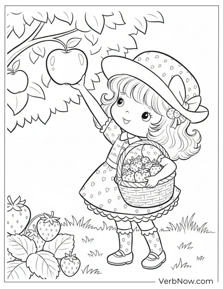 Cute Girl Apple Picking Coloring Page