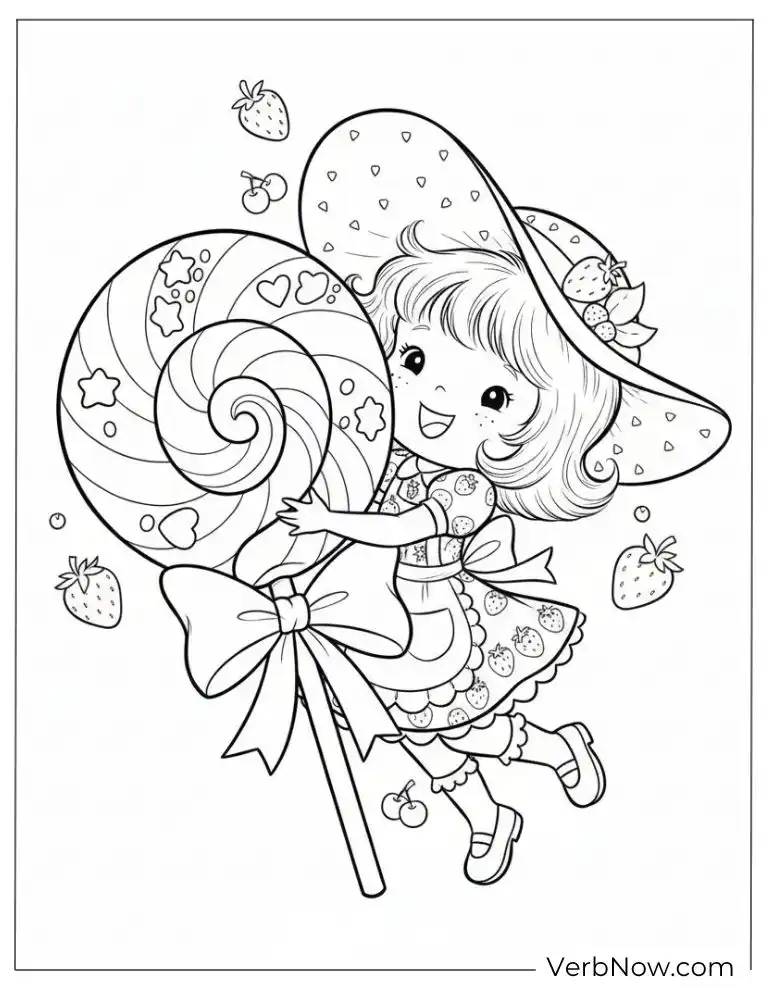 Cute Girl Hugging Giant Lollipop Coloring Page
