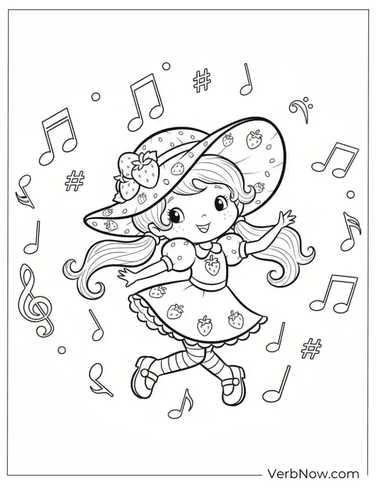 Strawberry Girl Dancing with Music Notes Coloring