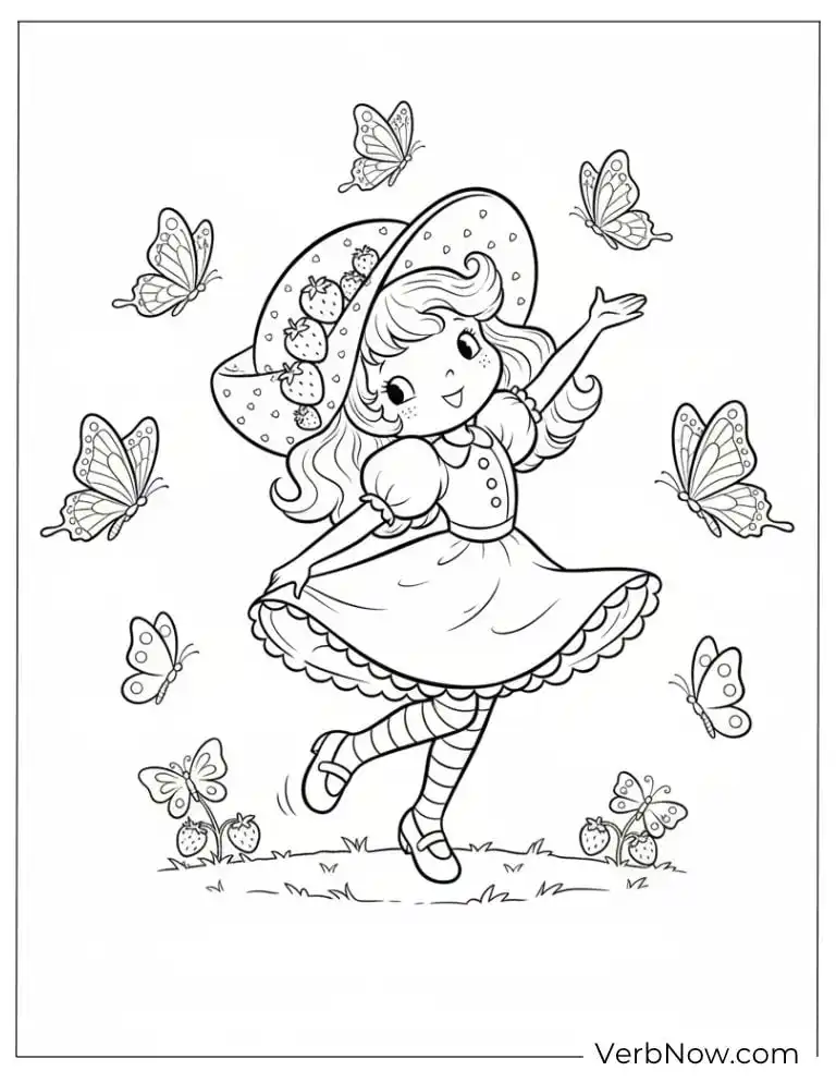 Cute Girl with Strawberry Hat and Butterflies Coloring Page