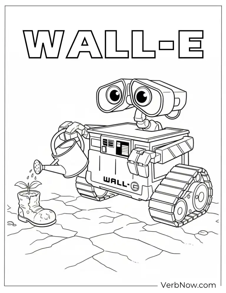22 Free Wall E Coloring Pages For Kids (Printable PDF) WALL-E Watering Plant in Boot Coloring Page