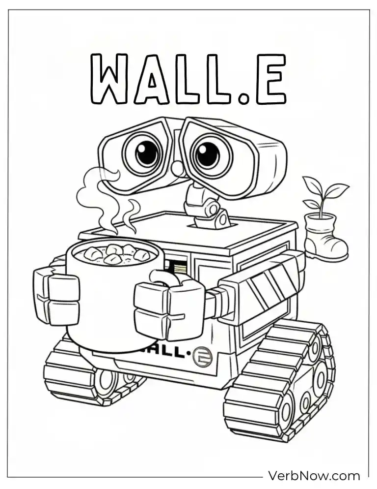 22 Free Wall E Coloring Pages For Kids (Printable PDF) WALL-E Coloring Page Holding Mug and Plant