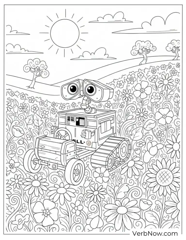 22 Free Wall E Coloring Pages For Kids (Printable PDF) WALL-E Robot in Flower Field Coloring Page