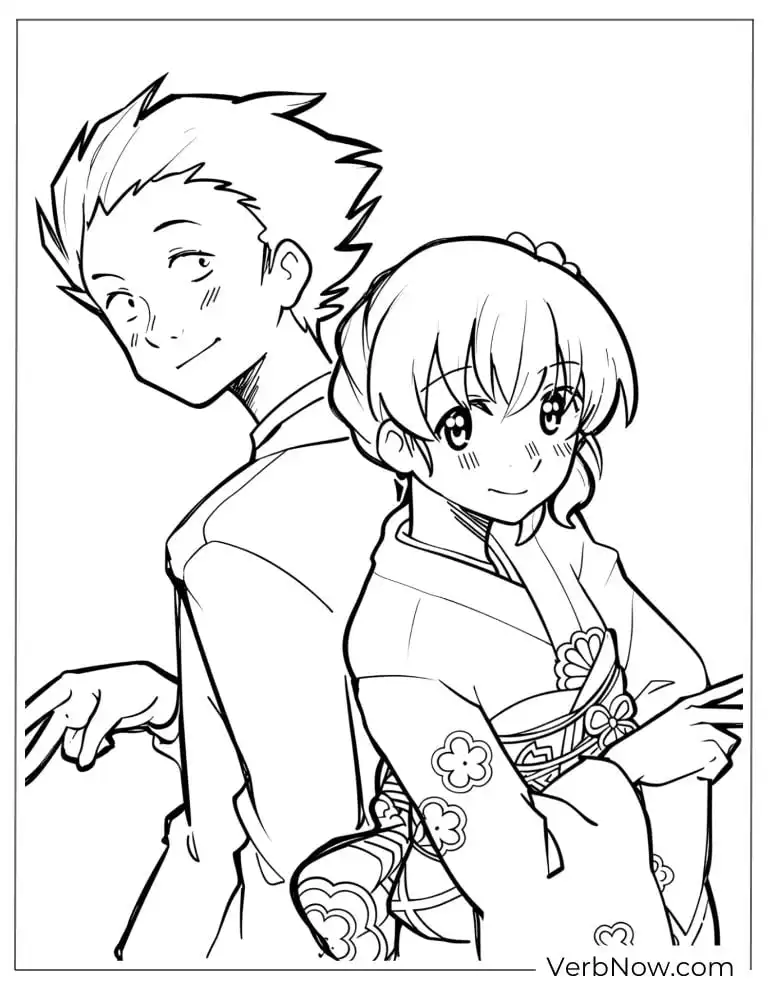 22 Free A Silent Voice Coloring Pages (100% Printable PDF) Cute Anime Couple in Kimono Coloring Page