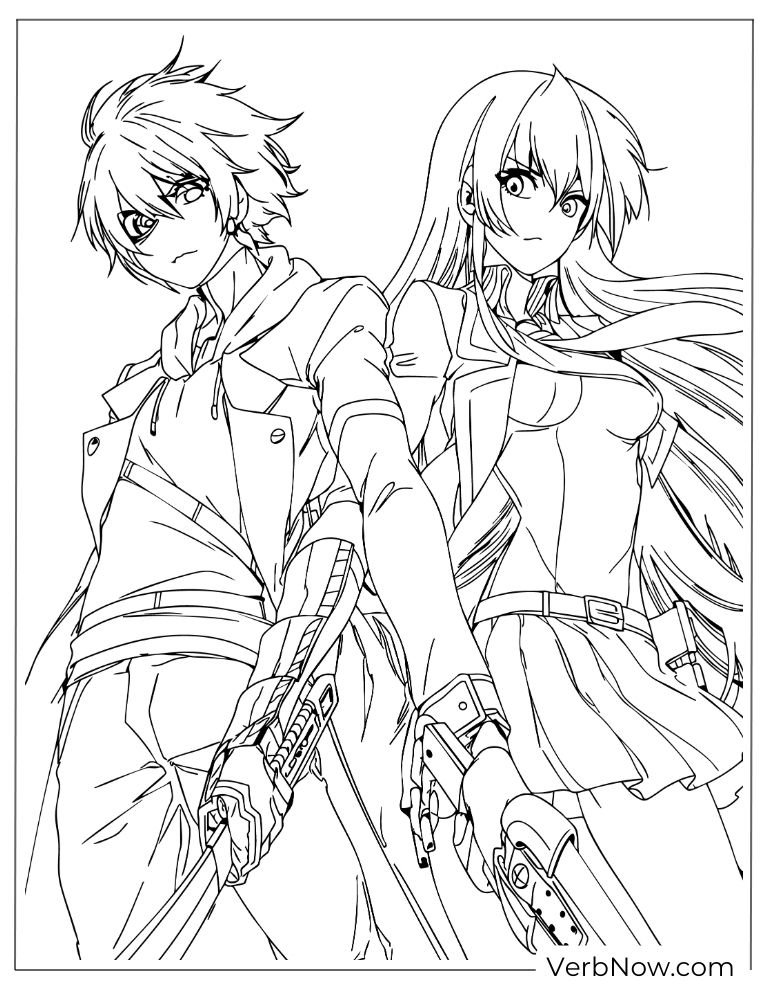 Tatsumi and Akame standing back to back, both holding weapons, free printable Akame ga Kill coloring page