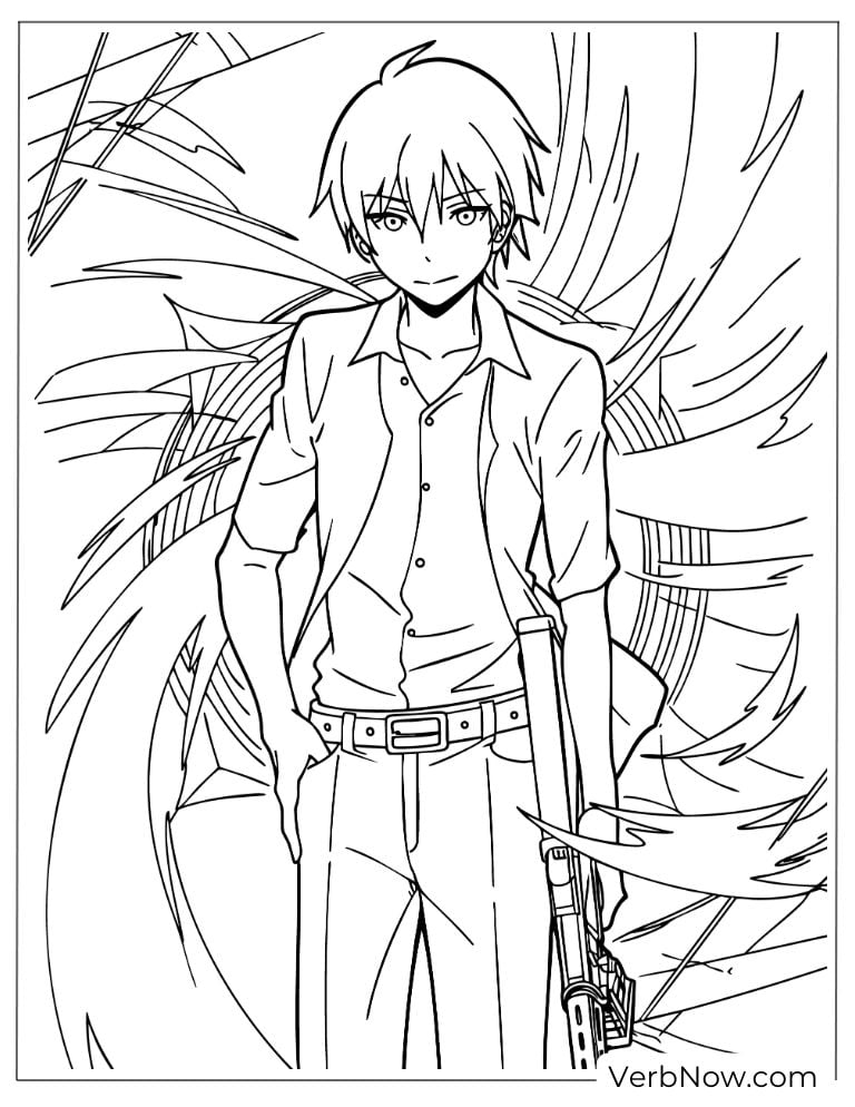 22 Free Assassination Classroom Coloring Pages (Printable PDF) Anime Boy Character Holding Weapon Coloring Page