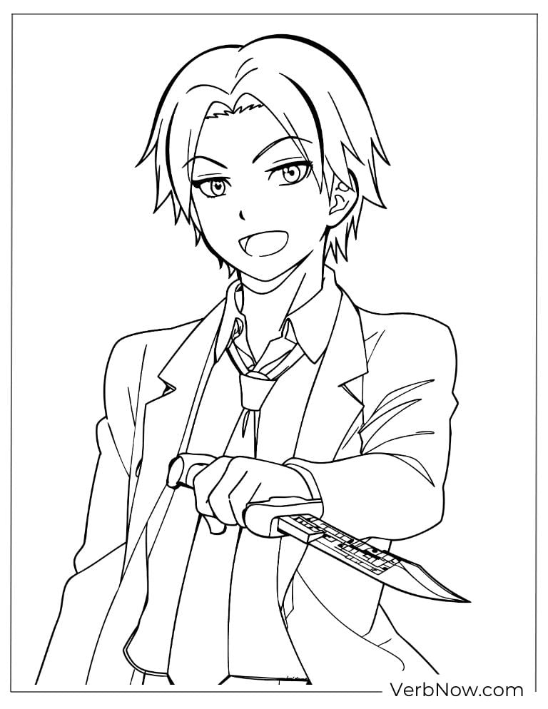 22 Free Assassination Classroom Coloring Pages (Printable PDF) Anime Boy in Suit Holding Knife Coloring Page