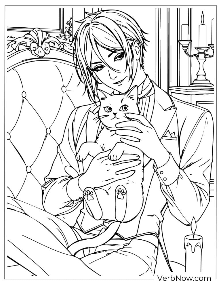 22 Free Black Butler Coloring Pages For Kids (Printable PDF) Handsome Anime Guy Holding a Cat Coloring Page