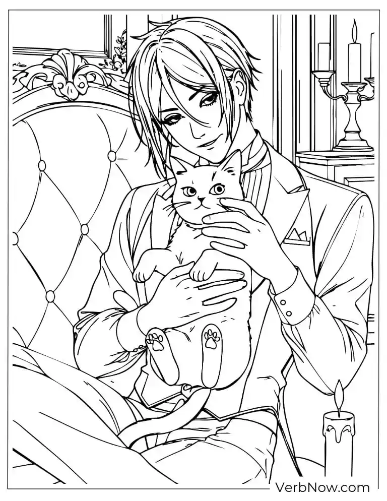 Handsome Anime Guy Holding a Cat Coloring Page
